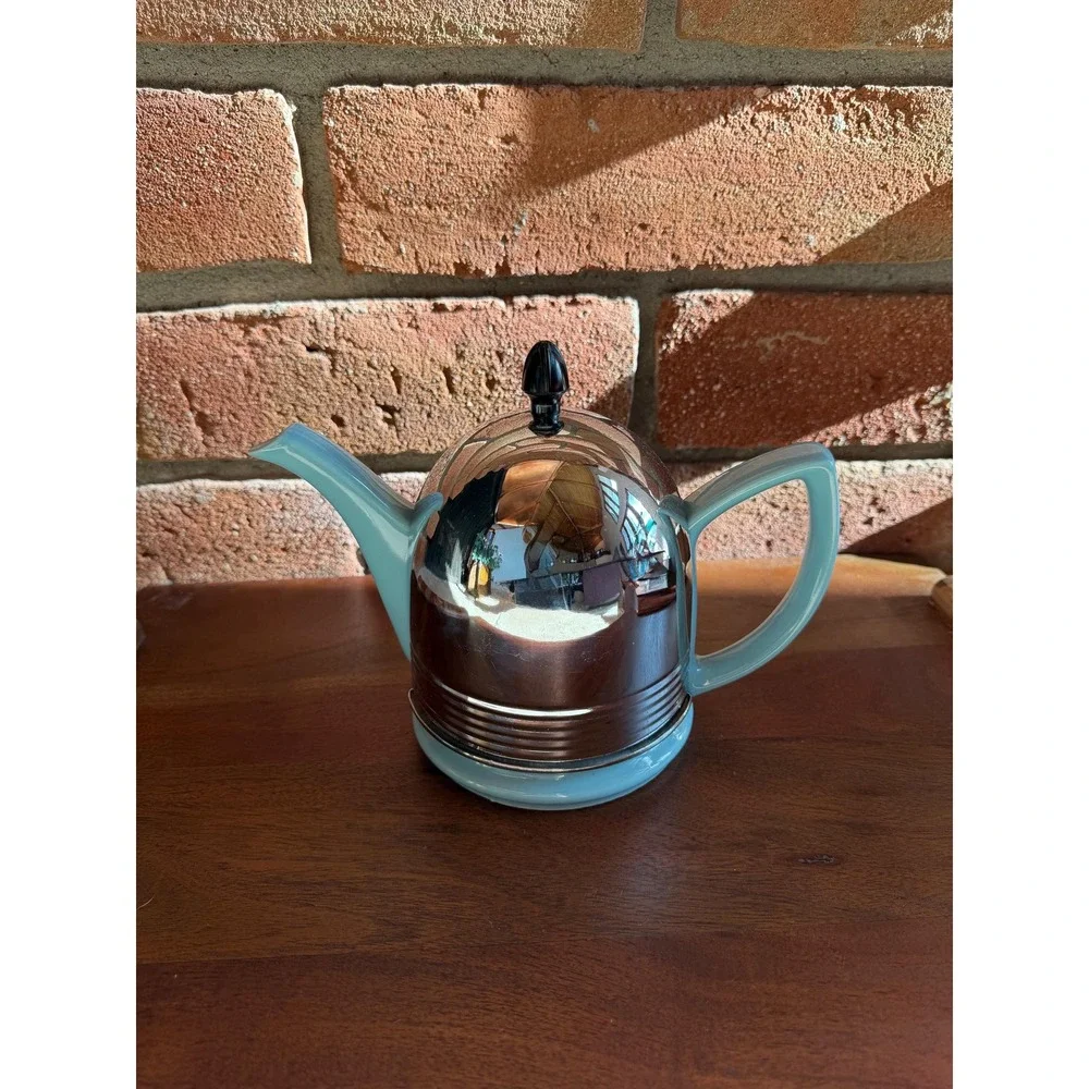 Vintage Hall China Forman Family Powder Blue Cozy Teapot Chrome Cover 1950s